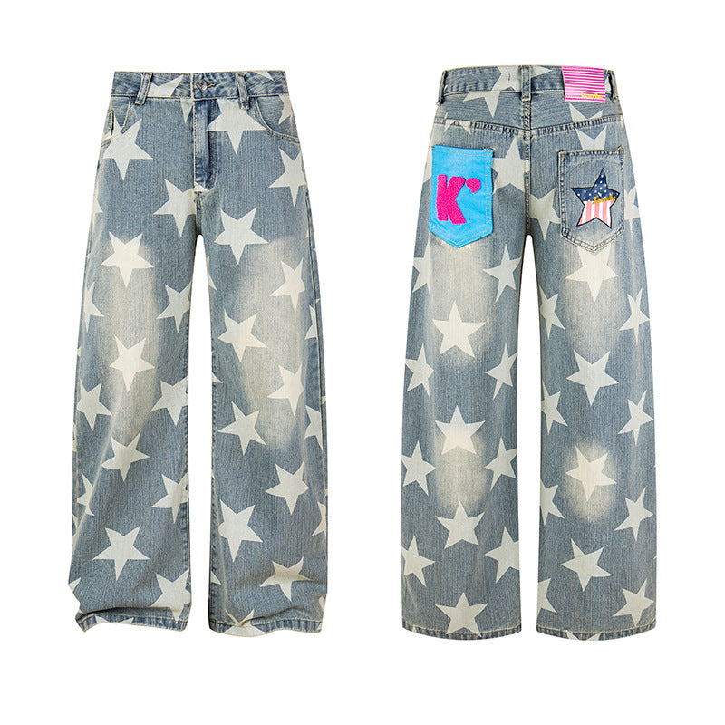 Women's Wide High-Waist Culotte Jeans with High Waist and Allover Star Print Mune Fashion