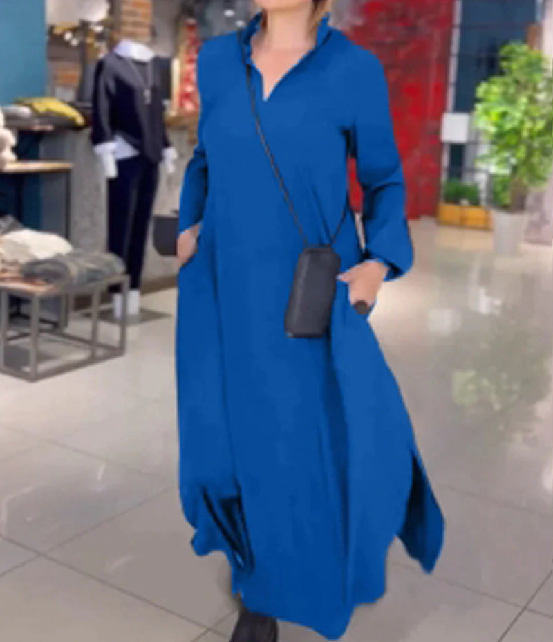 Women's Long Maxi Dress with Stand Collar, Side Pockets and Loose Fall Mune Fashion
