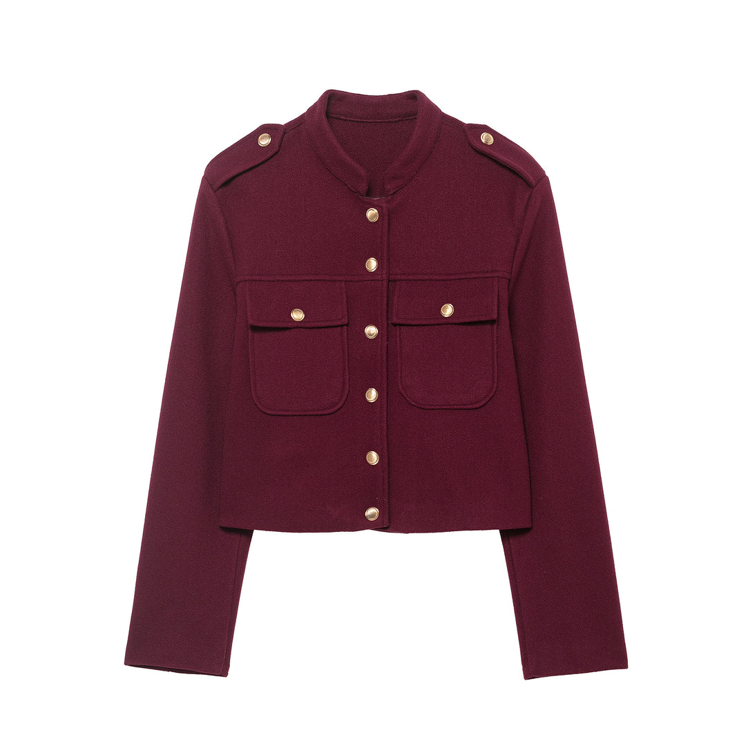Women's Short Cut Military Inspired Wool Jacket with Stand-Up Collar, Epaulettes and Gold Button Details Mune Fashion