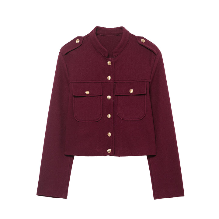 Women's Short Cut Military Inspired Wool Jacket with Stand-Up Collar, Epaulettes and Gold Button Details Mune Fashion
