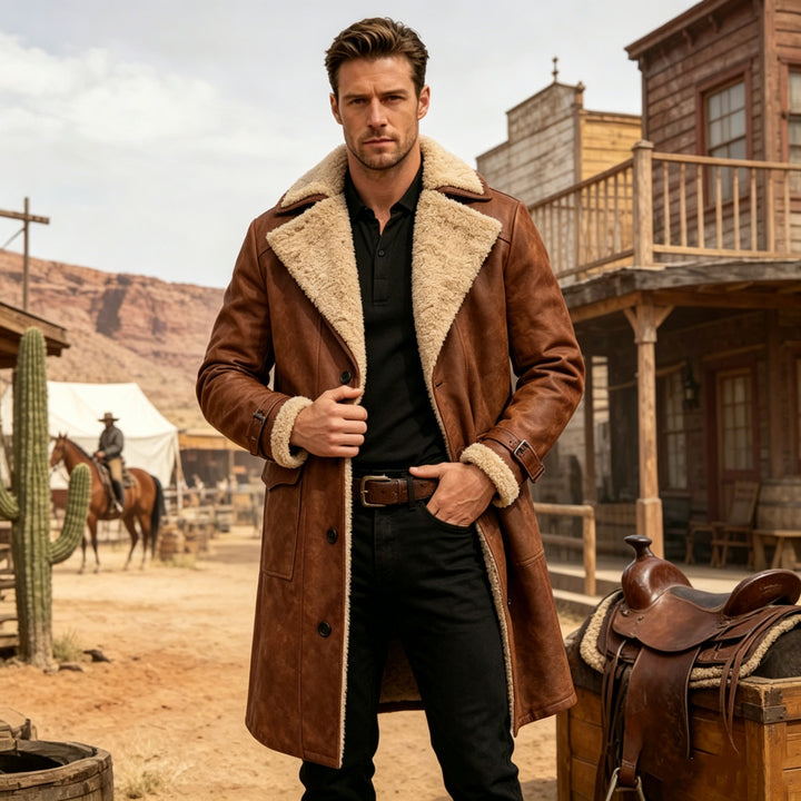 Men's longer vintage biker leather coat with full Sherpa lining, flap pockets, and adjustable buckle cuffs Mune Fashion