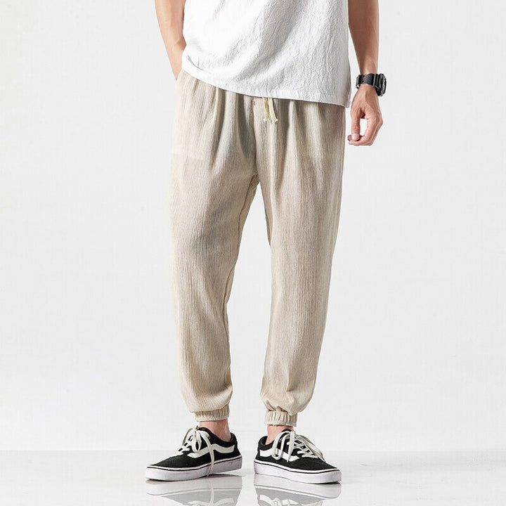 Men's Casual Linen Blend Jogging Pants with Drawstring, Ribbed Textured Fabric and Elastic Cuffs Mune Fashion