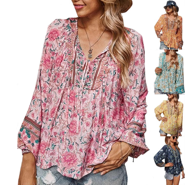 Ladies Boho blouse with floral print, V-neck with tie and pleat details Mune Fashion
