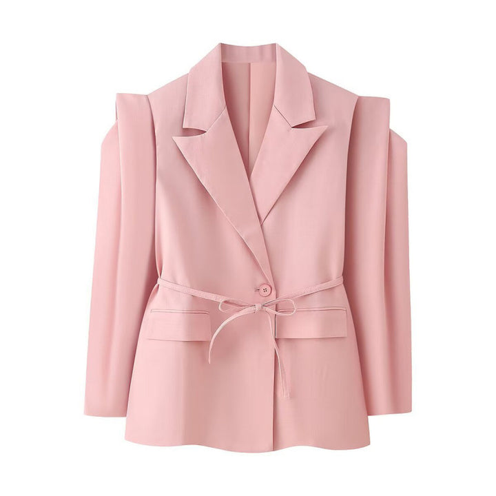 Women Tailored Blazer with Delicate Tie Waist, Emphasized Shoulder Area and Flap Pockets Mune Fashion