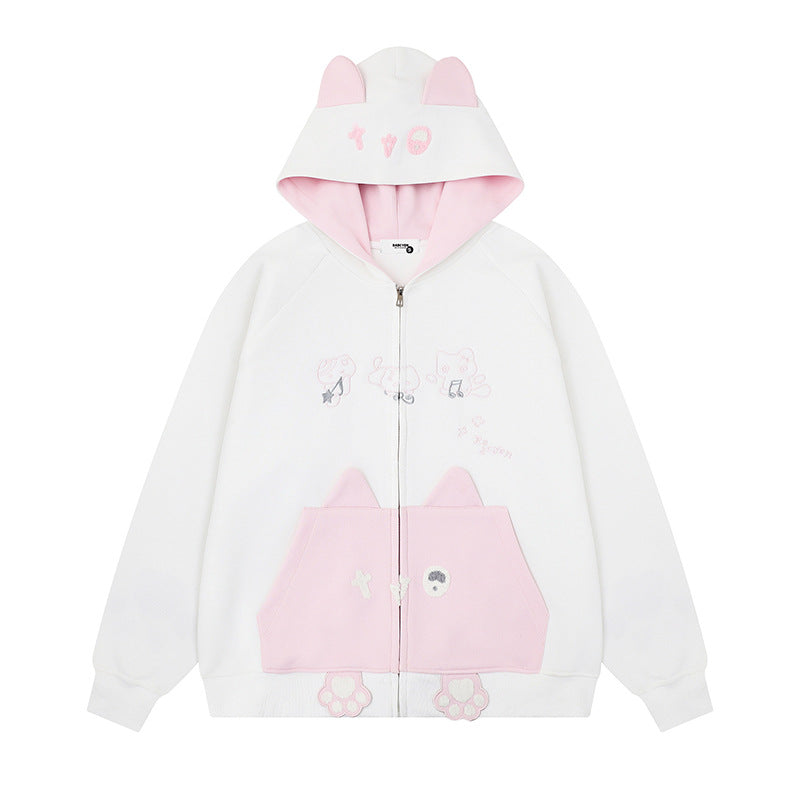 Women's hooded sweatshirt jacket with ears, full-length zipper, kangaroo pocket with paw appliqué and playful embroidery Mune Fashion