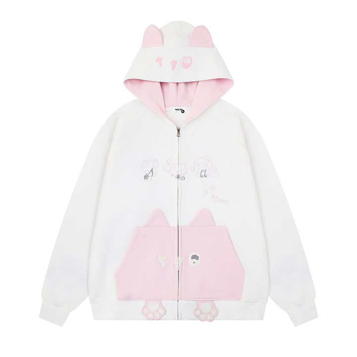 Women's hooded sweatshirt jacket with ears, full-length zipper, kangaroo pocket with paw appliqué and playful embroidery Mune Fashion