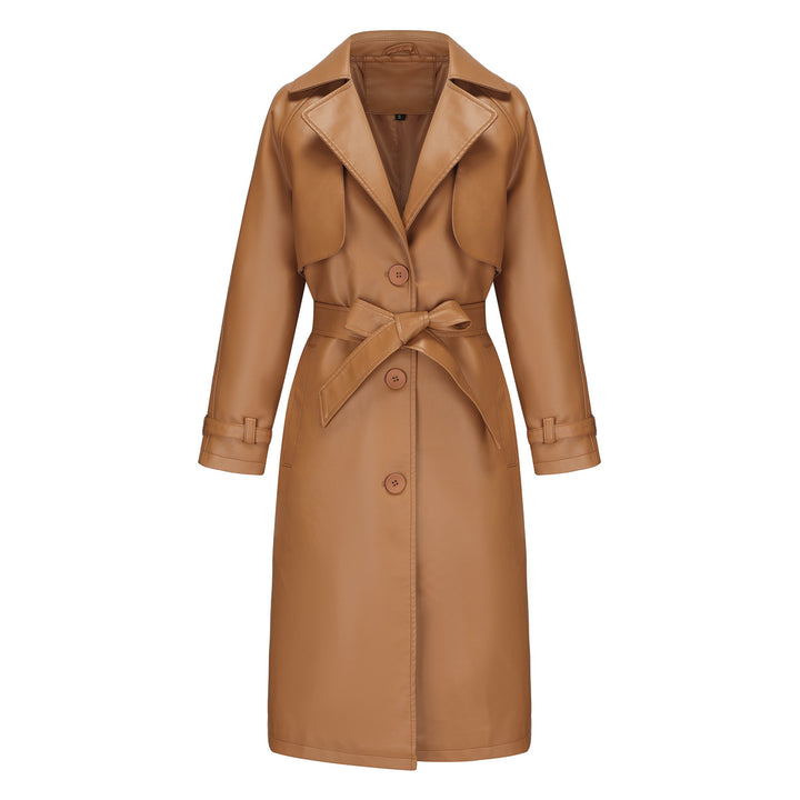 Women's longer tailored faux leather trench coat with tie belt Mune Fashion