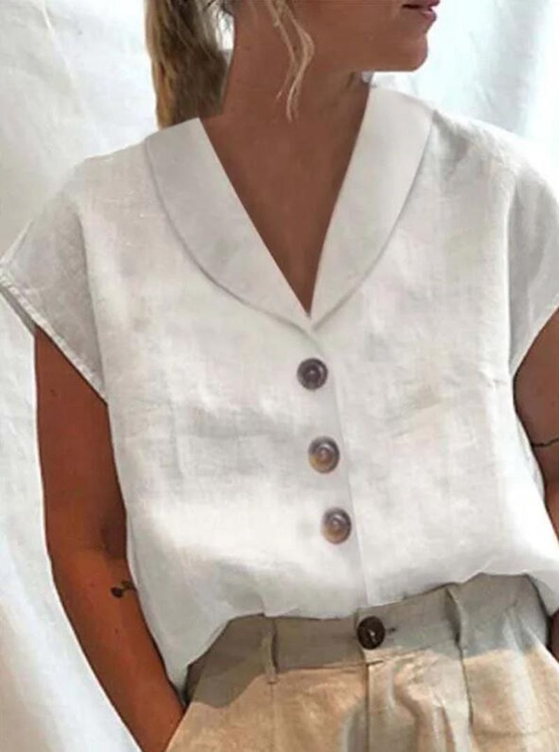 Women's casual linen blouse top with notched collar and wood button placket Mune Fashion