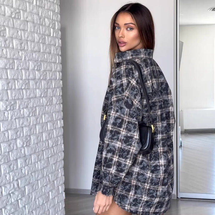 Women Oversized Checked Shacket-Shirt Jacket with Snap Button Closure and Rounded Hem Mune Fashion