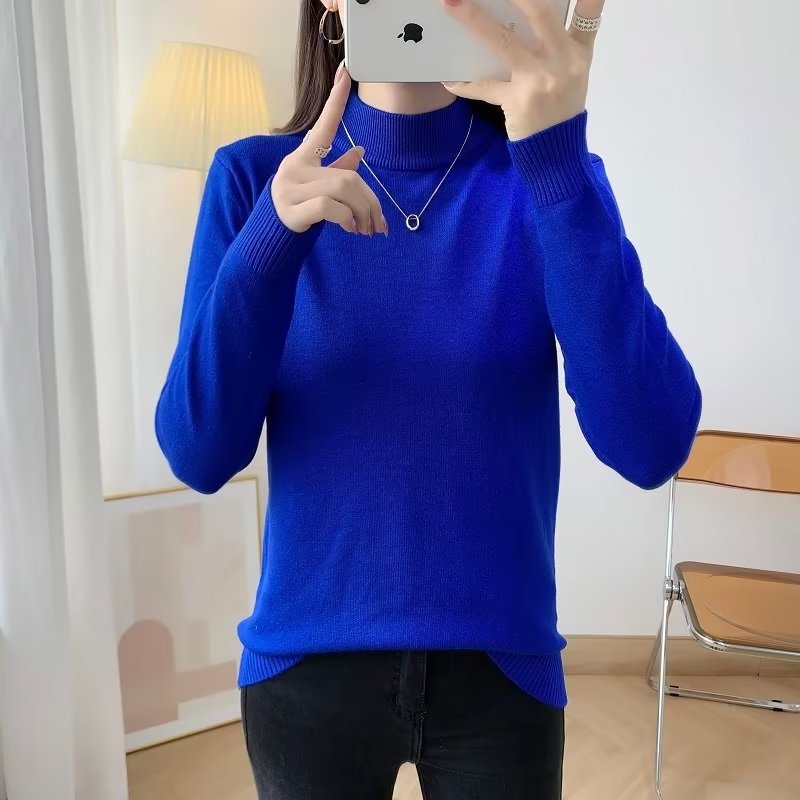 Ladies Fine Long Sleeve Fine Knit Sweater with Narrow Stand-Up Collar and Ribbed Cuffs Mune Fashion