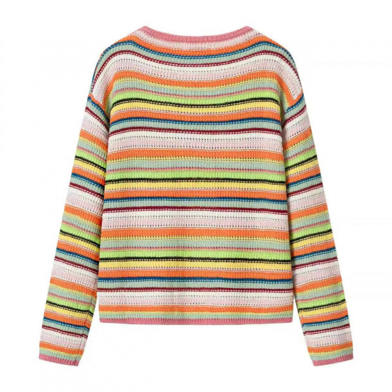 Ladies Colorful Cropped Openwork Knit Cardigan with Ties and Ribbed Hem Mune Fashion