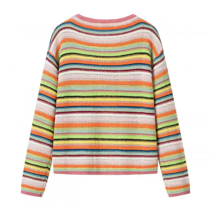 Ladies Colorful Cropped Openwork Knit Cardigan with Ties and Ribbed Hem Mune Fashion