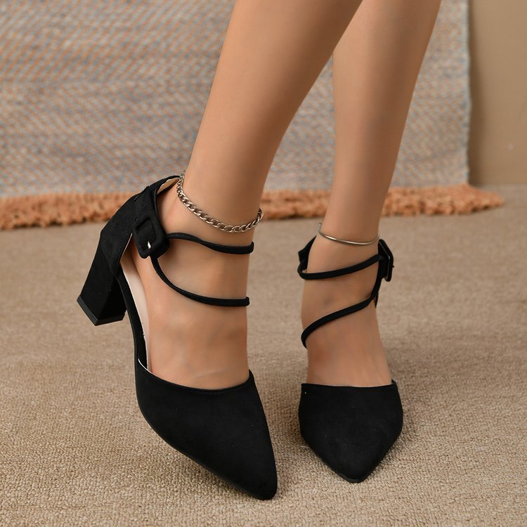 Ladies Elegant lace Strap Pumps with curved block heel and double ankle strap Mune Fashion