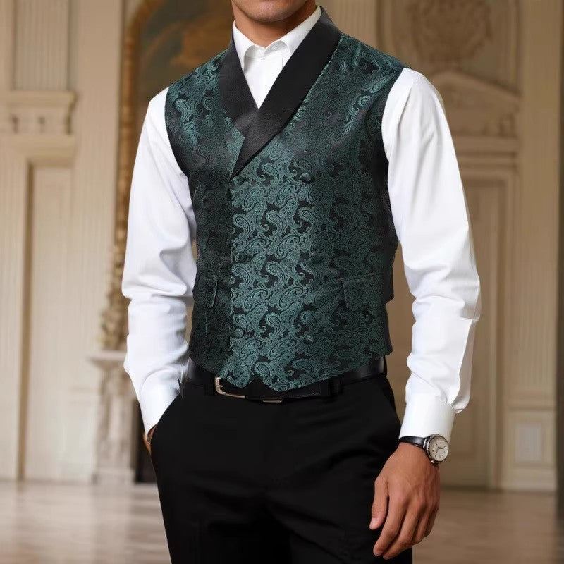 Men's Satin Paisley Vest with Shawl Collar and Tailored Tuxedo Look Mune Fashion