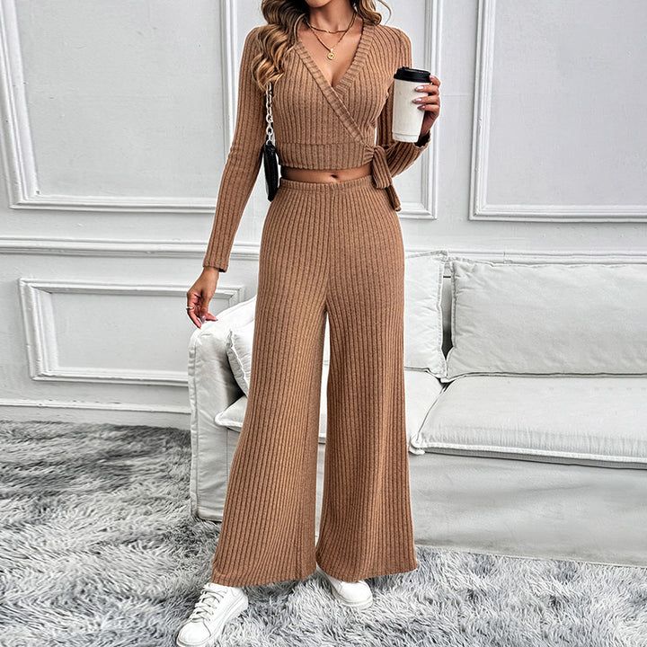 Women's Elegant Knit Set with Wrap Top and Wide Leg Mune Fashion