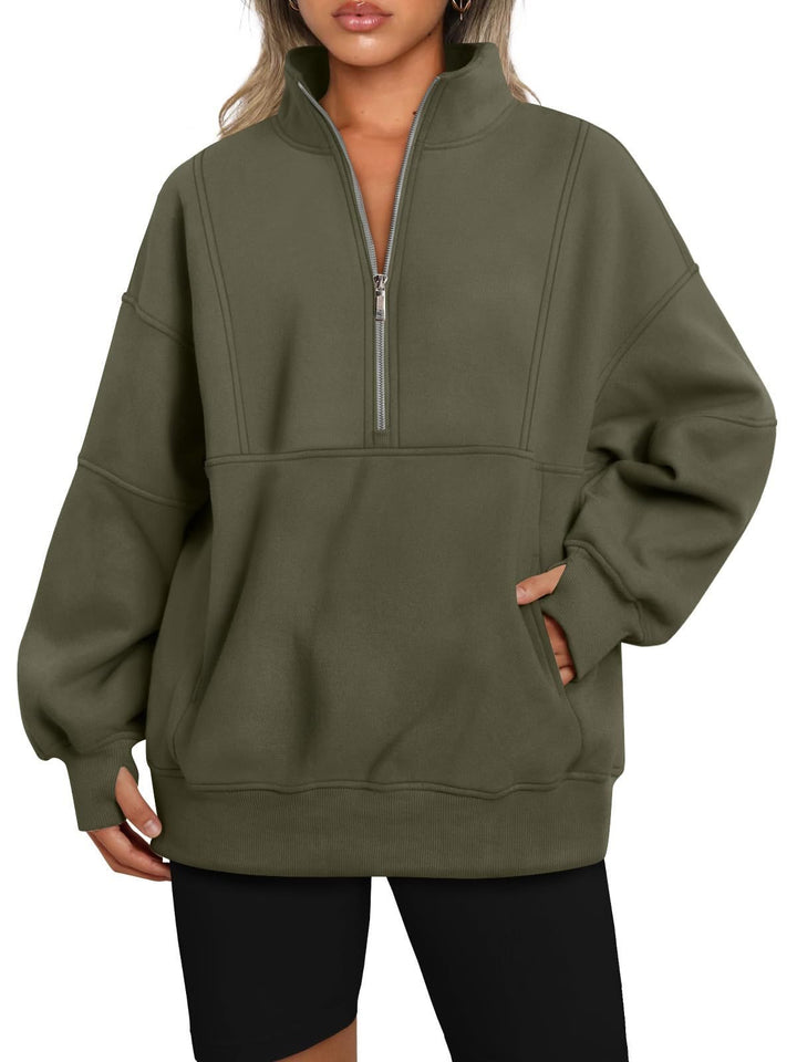 Women's Oversized Sweatshirt with Half Zipper, Stand-Up Collar and Kangaroo Pocket Mune Fashion