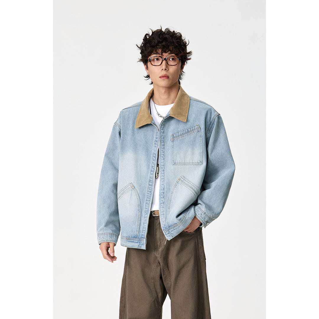 Men's Relaxed Denim Jacket with Contrast Corduroy Collar and Slanted Chest Pocket Mune Fashion