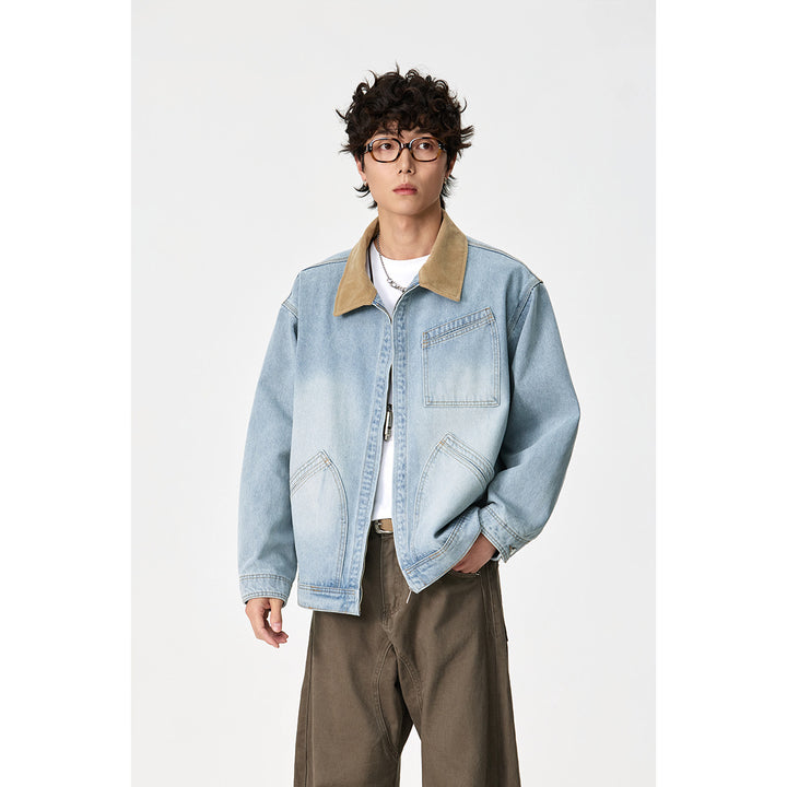 Men's Relaxed Denim Jacket with Contrast Corduroy Collar and Slanted Chest Pocket Mune Fashion