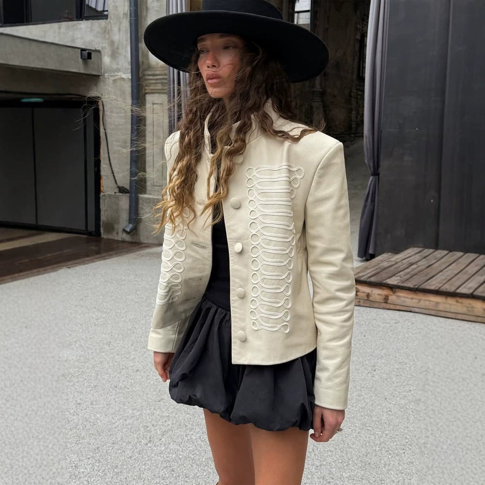 Women's short jacket in military style with decorative cord embellishment and stand-up collar Mune Fashion