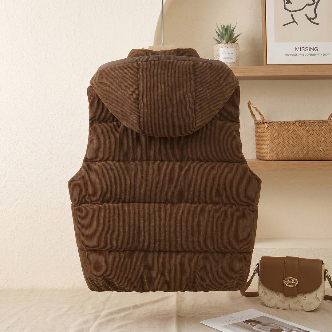 Ladies quilted cord vest with high shawl collar, padded insulation and detachable hood trim Mune Fashion
