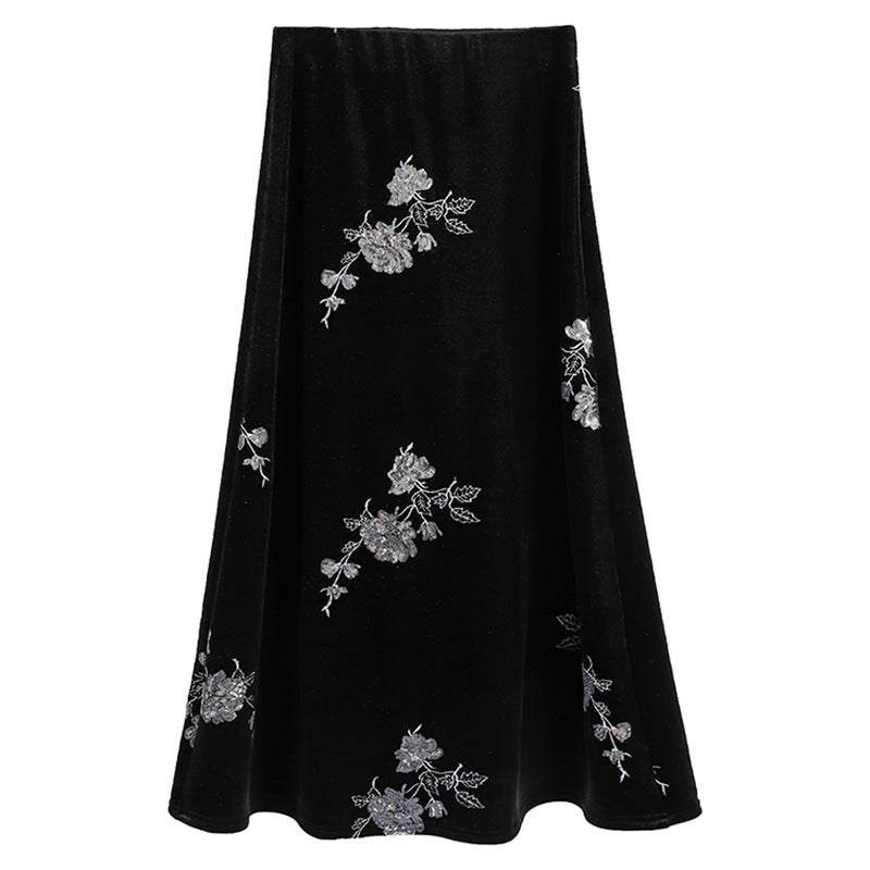 Women's embroidered velvet midi skirt with flared A-line and elasticated comfort waistband Mune Fashion