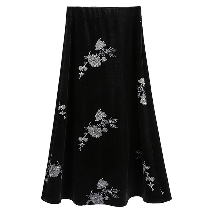 Women's embroidered velvet midi skirt with flared A-line and elasticated comfort waistband Mune Fashion