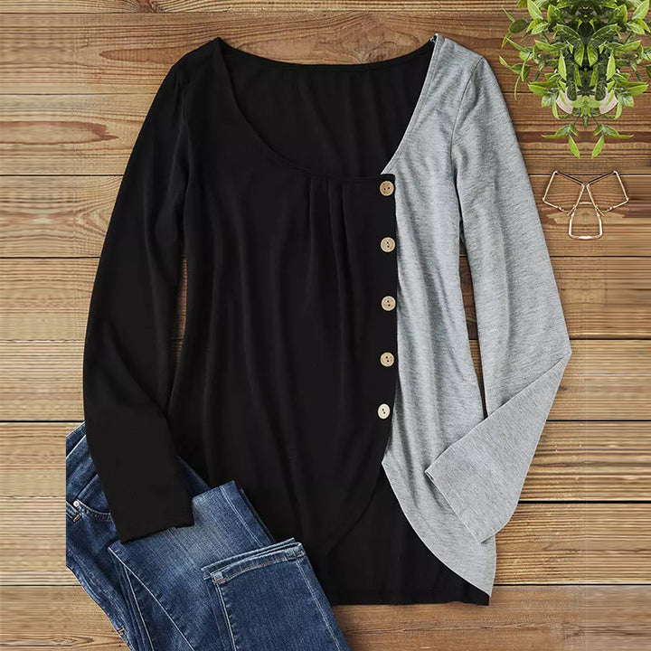 Women's long sleeve shirt with asymmetric hem, two-tone look and decorative button placket Mune Fashion