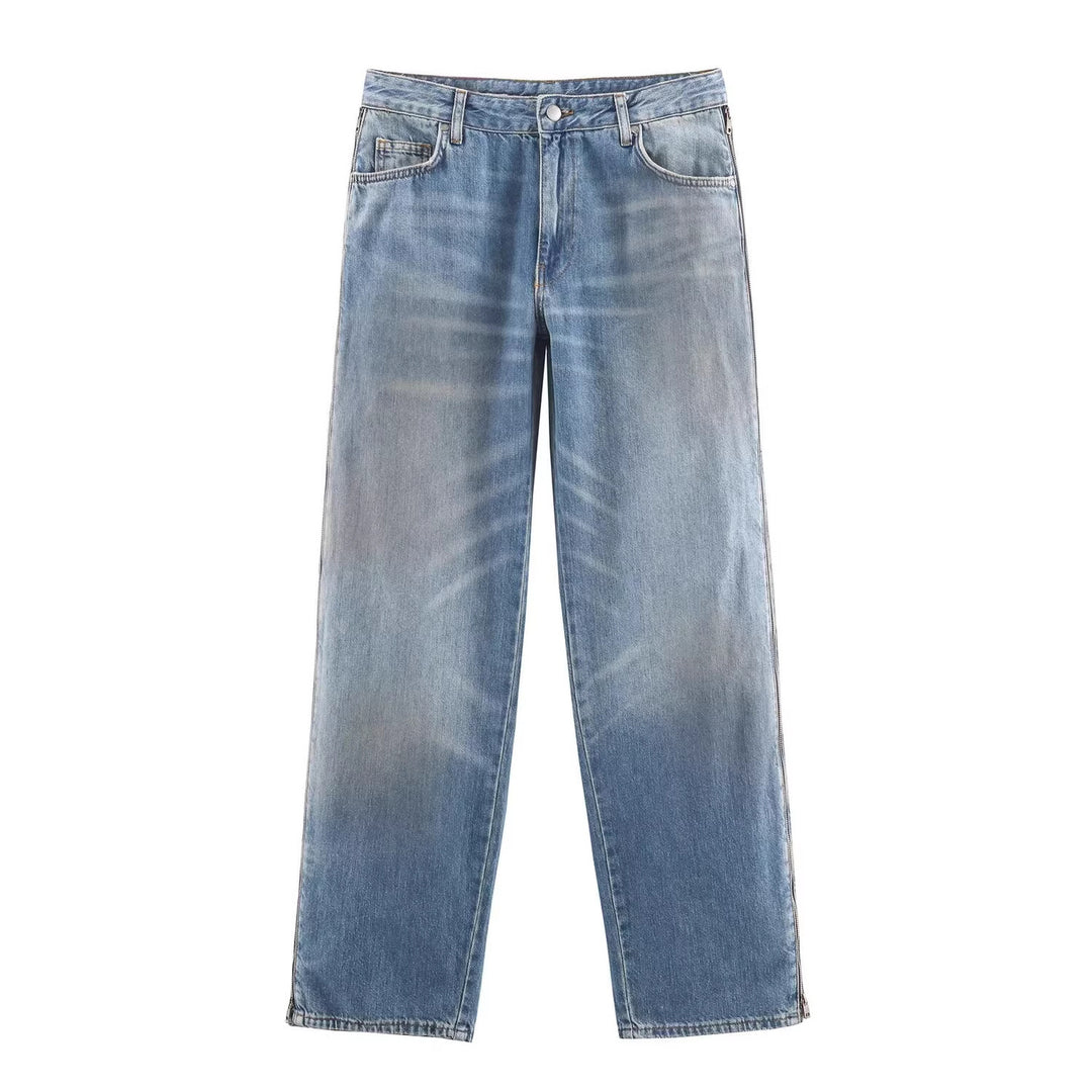 Ladies Wide High-Waist Jeans with Straight Leg and Vintage Wash Mune Fashion