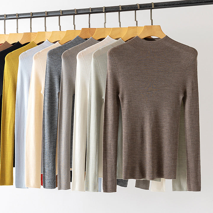 Women fine knit long sleeve with short standing collar and slim silhouette Mune Fashion