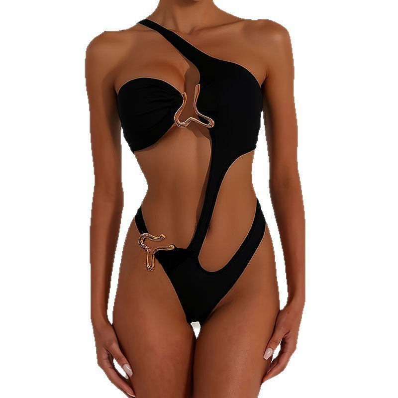 Women’s One-Piece Swimsuit with Asymmetrical Design and Golden Accents Mune Fashion