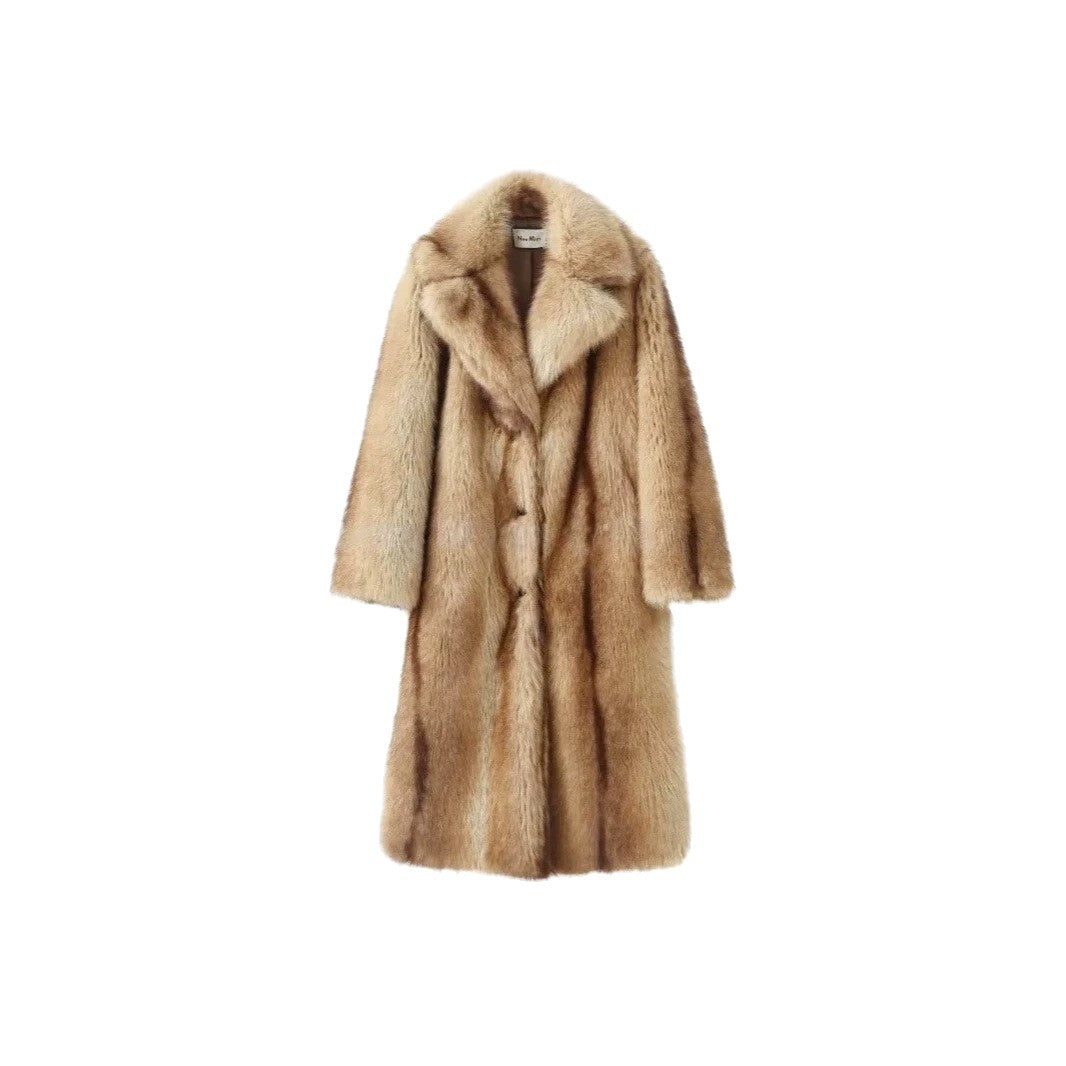 Ladies Long High-Pile Faux Fur Coat with Lapel Collar Mune Fashion