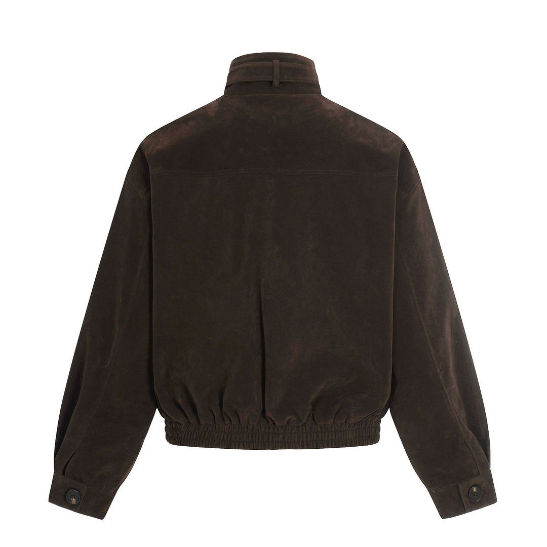 Men's suede aviator-style blouson with stand collar, waist belt, and zip pockets Mune Fashion
