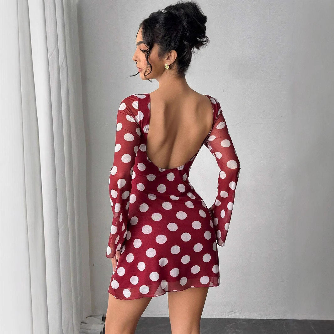Women's figure-hugging transparent mesh mini dress with deep back neckline and polka dot pattern Mune Fashion