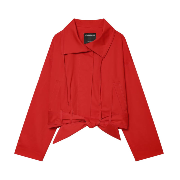 Women's Cropped Trench Coat with Waist Tie Belt and Boxy Silhouette Mune Fashion