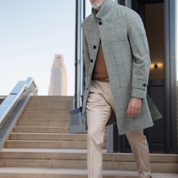 Men's Glencheck Wool Coat with Waist Belt and Stand-up Collar Mune Fashion