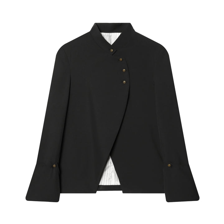 Women's nan asymmetrical stand collar jacket with overlapping button placket and fine decorative buttons Mune Fashion