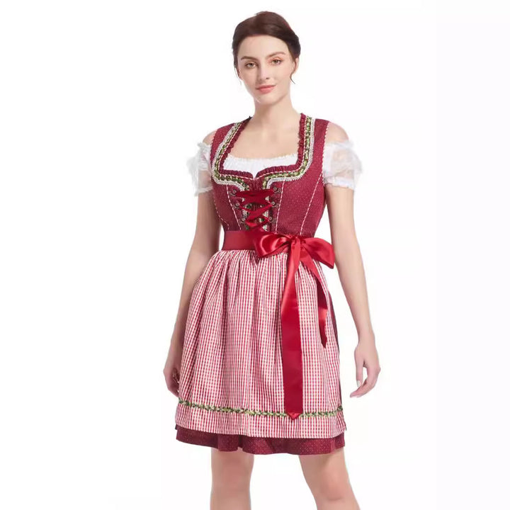 Women's traditional short-cut dirndl with heart-shaped neckline, decorative lacing, and Vichy check apron Mune Fashion