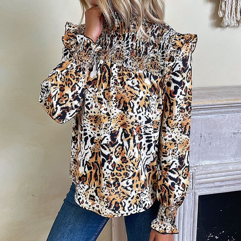Women's Smocked Blouse with High Collar, Gathered Shoulder Yoke and Animal Print Mune Fashion