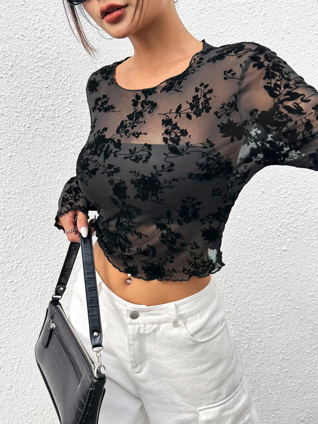 Women's non-cropped mesh top with floral velvet texture and gathered hem Mune Fashion