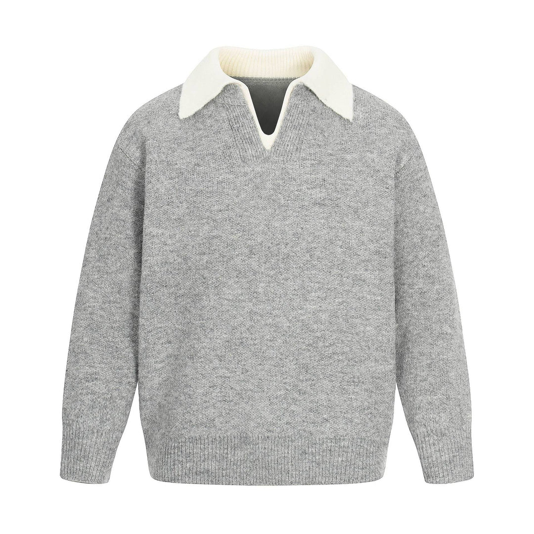 Women Oversize Wool Blend Sweater with Contrast Polo Collar and V-Neck Mune Fashion