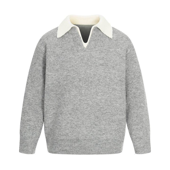 Women Oversize Wool Blend Sweater with Contrast Polo Collar and V-Neck Mune Fashion