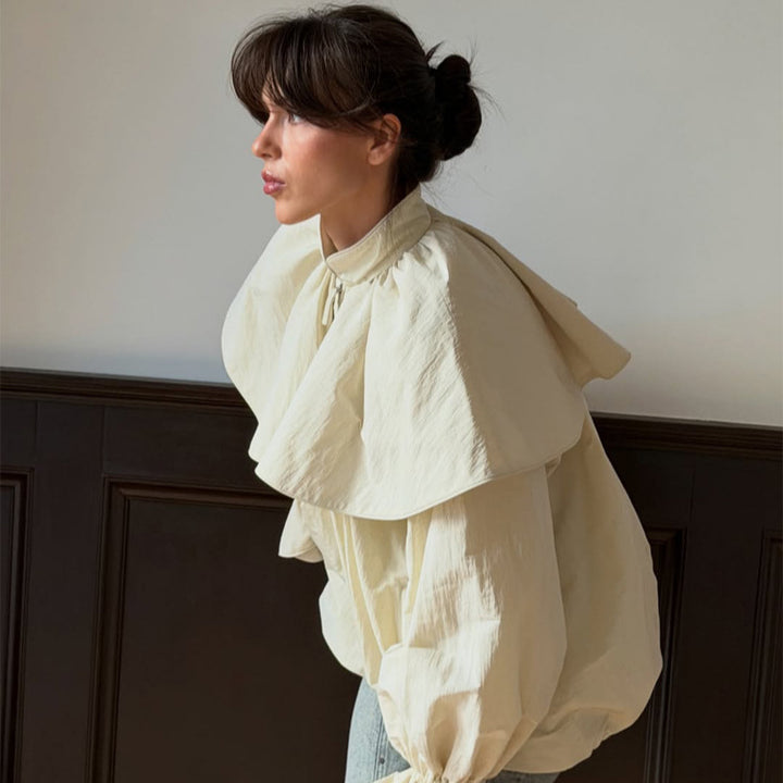 Women's Oversized Jacket with Cape Collar, Balloon Sleeves and Drawstring Mune Fashion