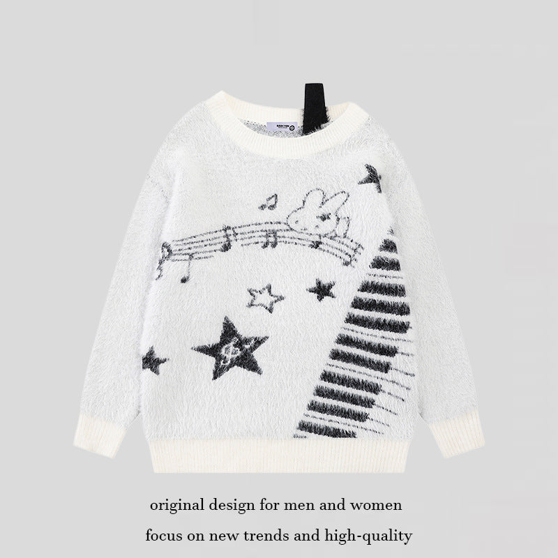 Women's Cozy Knit Sweater with Cartoon Note and Star Motif Mune Fashion