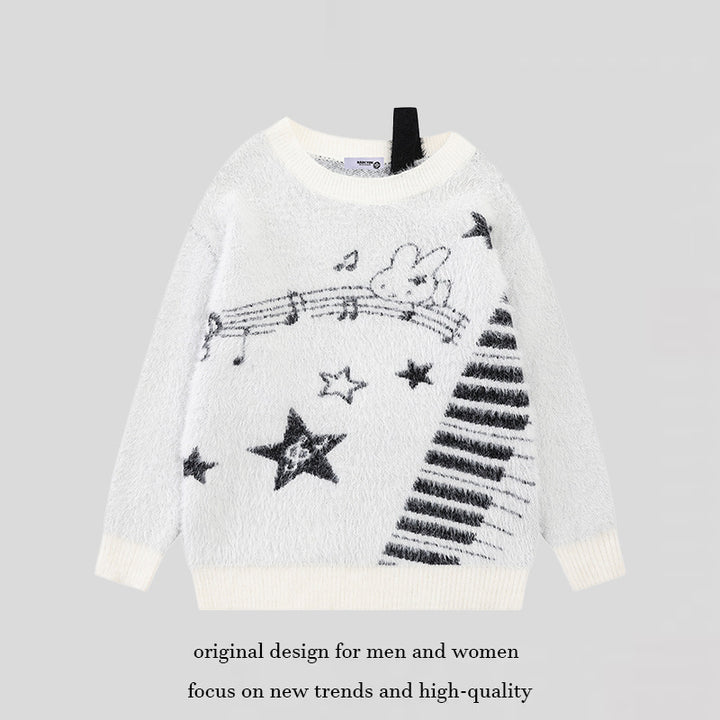 Women's Cozy Knit Sweater with Cartoon Note and Star Motif Mune Fashion