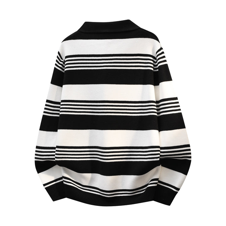 Women's Oversize Long Sleeve Polo Knit Sweater with Retro Stripes and Breast Button Placket Mune Fashion