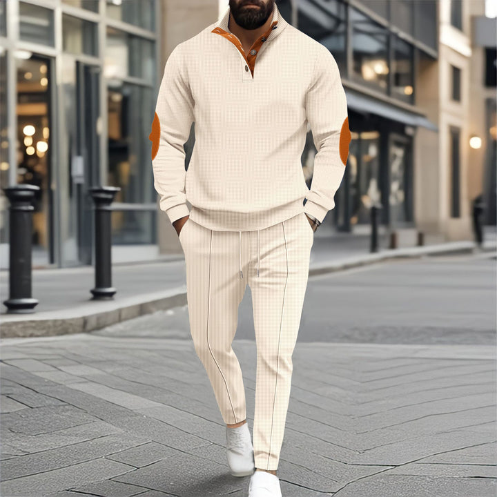 Men's fine-structured half-collar sweatshirt with button placket, decorative elbow patches, and casual hem finish Mune Fashion