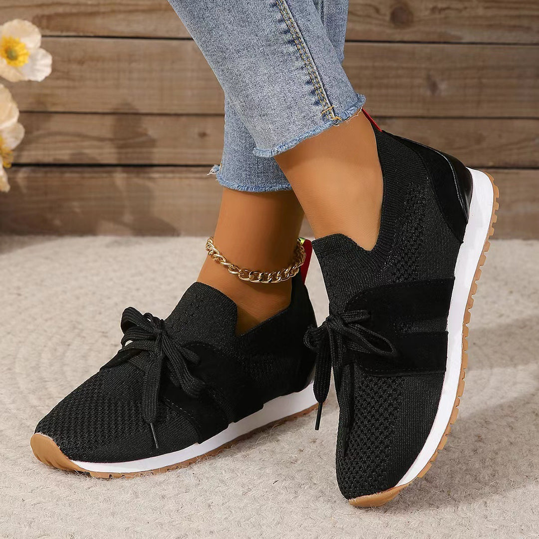 Women knitted slip-on sneakers with decorative lacing, padded comfort insole, and non-slip rubber outsole Mune Fashion