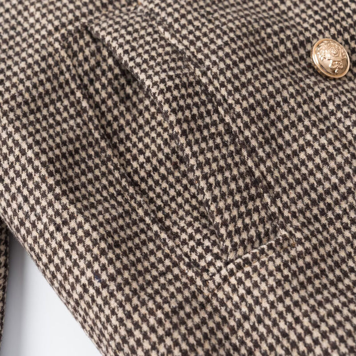 Women's Short-Cut Double-Breasted Houndstooth Blazer with Tailored Silhouette and Golden Decorative Buttons Mune Fashion