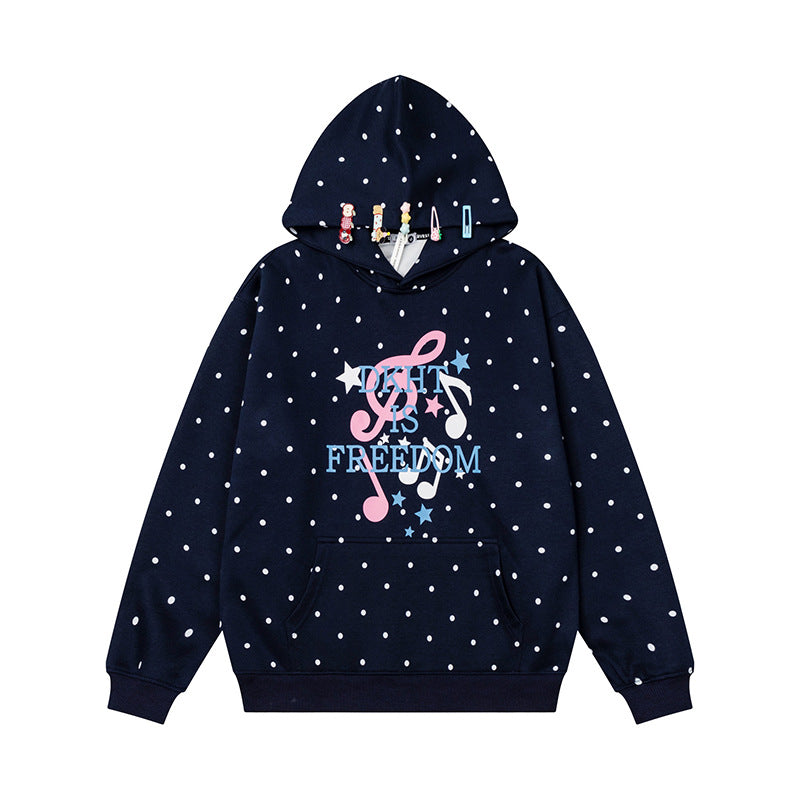 Women's hoodie with polka dot, musical note print and kangaroo pocket Mune Fashion