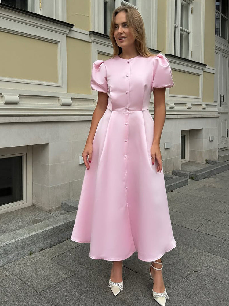 Ladies' midi dress made of satin with voluminous puff sleeves, fitted A-line and continuous button placket Mune Fashion